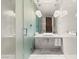 Bright, modern bathroom showcasing marble walls, unique globe lighting, and a sleek vanity area at 4381 W Flamingo Rd # 57306, Las Vegas, NV 89103