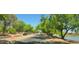 Scenic street view with mature trees, a road, decorative landscaping, and a view of a lake at 6160 Majestic Wind Ave, Las Vegas, NV 89122