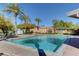 Community pool with lounge chairs and lush palm tree landscaping at 644 Chase Tree St, Las Vegas, NV 89144