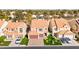 An aerial view shows a neighborhood with red-tiled roofs, mature landscaping, and paved driveways at 5492 Royal Vista Ln, Las Vegas, NV 89149