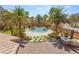 Aerial shot of a backyard with a pool, lush landscaping, and outdoor dining area at 2285 Villefort Ct, Las Vegas, NV 89117