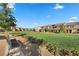 Community park with green space, benches, flowers, and playground in the background at 2293 Teatro Ave, Henderson, NV 89044