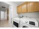Bright laundry area featuring updated Samsung washer and dryer, with overhead cabinetry for storage at 315 Barletta Ave, Las Vegas, NV 89123