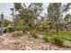 Landscaped backyard showcasing rocks, vegetation, and a grassy area beyond a metal fence at 9705 Floweret Ave, Las Vegas, NV 89117