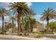 Wellington Park entrance featuring mature palms, lush landscaping, and gated access at 9705 Floweret Ave, Las Vegas, NV 89117