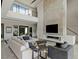 Modern living room featuring a fireplace, high ceilings, an open floor plan, and a view of the courtyard at 29 Falling Ridge Ln, Henderson, NV 89011