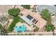 Aerial shot showcasing a home's unique pool, green spaces, and modern solar panel installation at 8945 S Tenaya Way, Las Vegas, NV 89113