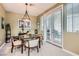 Cozy dining room featuring a modern light fixture, stylish furniture and direct access to the outdoor patio at 939 Paisley St, Las Vegas, NV 89145