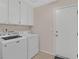 Functional laundry room with a white washer and dryer set and upper cabinets for storage and a white door at 1658 Autumn Rust Dr, Las Vegas, NV 89119