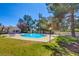 Community pool area featuring a swimming pool, grassy areas, mature trees, and lounge chairs at 1979 Cutlass Dr # 1979, Henderson, NV 89014