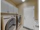Bright laundry room featuring a modern washer and dryer with white cabinets above for ample storage at 1862 Redwood Valley St, Henderson, NV 89052