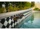 Close up on three water features along the black and white tiled wall of this beautiful pool at 11990 Montague St, Las Vegas, NV 89138