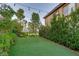 Serene backyard featuring lush greenery, tall trees, and ambient string lights at 34 Olympia Outlook Dr, Las Vegas, NV 89141