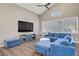Cozy living room features modern furniture, vaulted ceilings, hardwood floors, and large windows at 3420 Lockport St, Las Vegas, NV 89129