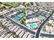 Panoramic aerial view of the community showcasing amenities, golf course, and desert landscape at 6072 Canter Glen Ave, Las Vegas, NV 89122
