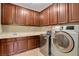 Laundry room features modern front load washer and dryer, tile floors, and cabinetry at 6442 American Eagle Ave, Las Vegas, NV 89131