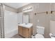 Cozy bathroom featuring a shower-tub combo, vanity, and neutral wall color at 7950 W Flamingo Rd # 2019, Las Vegas, NV 89147
