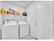 Efficient laundry room includes washer, dryer, storage shelves, and a utility door for convenience at 456 Desoto Falls St, Indian Springs, NV 89018