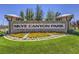 Well-manicured landscape surrounds the Skye Canyon Park entrance sign, creating a welcoming feel at 10250 Tree Blossom Ave, Las Vegas, NV 89166