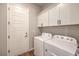 Laundry room with a washer, dryer, white cabinets, and a door; great for everyday tasks at 10250 Tree Blossom Ave, Las Vegas, NV 89166