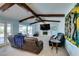 Inviting living room featuring exposed wood beams, fireplace, and backyard view at 2246 Almart Cir, Henderson, NV 89014