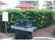 Outdoor BBQ grill on a patio with lush green hedges and a red umbrella in a community space at 2831 Geary Pl # 2918, Las Vegas, NV 89109