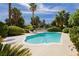 Beautiful backyard pool with lush landscaping, palm trees, and ample space for outdoor lounging at 3007 La Mesa Dr, Henderson, NV 89014