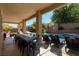 This covered patio with plenty of seating provides cool respite from the desert sun with pool views at 723 Seclusion Glen Ave, Las Vegas, NV 89123