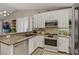 Modern kitchen featuring a breakfast bar, white cabinetry, and stainless steel appliances at 7608 Vista Hills Dr, Las Vegas, NV 89128