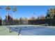 Well-maintained community tennis court with a net, surrounded by a high fence, palm trees, and lush landscaping at 8084 Celina Hills St, Las Vegas, NV 89131