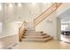 Open staircase featuring carpeted steps, wooden railings, and a 'Faith' wall decal on the landing at 10013 Scenic Walk Ave, Las Vegas, NV 89149