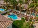 Aerial view of a backyard oasis featuring a custom pool and spa surrounded by lush landscaping and palm trees at 1430 October Oak Ave, Las Vegas, NV 89123