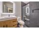 Modern bathroom featuring a vanity with illuminated mirror, tiled shower with rainfall head, and updated fixtures at 47 Strada Principale, Henderson, NV 89011