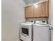 A tidy laundry room features wooden cabinets and modern, front-loading washer and dryer units at 6116 Tokara Ave, Las Vegas, NV 89122