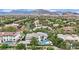 An aerial view showcases a lush neighborhood with a large home featuring a pool and mountain views at 2208 Point Rock Ln, Las Vegas, NV 89134