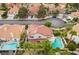 Aerial view of a neighborhood featuring single-Gathering homes with pools and landscaped yards at 7632 Spruce Run Ct, Las Vegas, NV 89128
