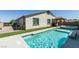 Sparkling pool and spa with an artificial turf surround the backyard at 7821 Mazarine St, North Las Vegas, NV 89084