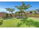 Landscaped backyard featuring a pergola, artificial turf, and a charming brick-lined walkway at 8349 Pollenzo Ave, Las Vegas, NV 89178