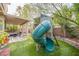 Backyard oasis with a play structure, covered patio, and manicured landscaping at 9052 Pine Mission Ave, Las Vegas, NV 89143