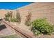 Landscaped backyard features flower beds, a brick wall, and accent lighting at 10126 Cliff Dwellings Ave, Las Vegas, NV 89178
