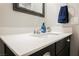 Close-up of powder room vanity with black cabinet, quartz countertop, and brushed nickel hardware at 10126 Cliff Dwellings Ave, Las Vegas, NV 89178