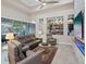 A cozy living room with contemporary furniture and a view of the backyard pool area at 10018 Regency Square Ave, Las Vegas, NV 89148