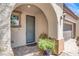 Inviting entryway with a stucco archway, decorative plants, and a stylish gray front door at 10976 Bluebell Basin Rd, Las Vegas, NV 89179