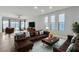 Open living room with leather sofas, neutral walls, and large windows offers a welcoming space at 11228 Burning River St, Las Vegas, NV 89183