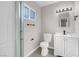 Bathroom featuring a glass shower, vanity with mirror and modern lighting fixtures at 1189 Blankenship Ave, Las Vegas, NV 89106