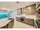 Modern kitchen featuring stainless steel appliances, a marble backsplash, and a kitchen island at 26 Sun Mirage Ave, Henderson, NV 89011