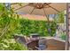 Secluded patio with a cozy seating area, shade umbrella, fire pit, and verdant landscaping at 2708 Port Of Call Dr, Las Vegas, NV 89128