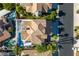 A bird's eye view of an elegant home with a backyard swimming pool and well-maintained yard at 8125 Sunset Cove Dr, Las Vegas, NV 89128