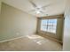 Well-lit bedroom featuring carpet, ceiling fan and large window with neighborhood view at 3523 Calf Roper Ct, North Las Vegas, NV 89032