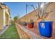 Landscaped backyard with potted plants, retaining wall, and vibrant desert plants at 10611 Auburn Springs Ave, Las Vegas, NV 89166